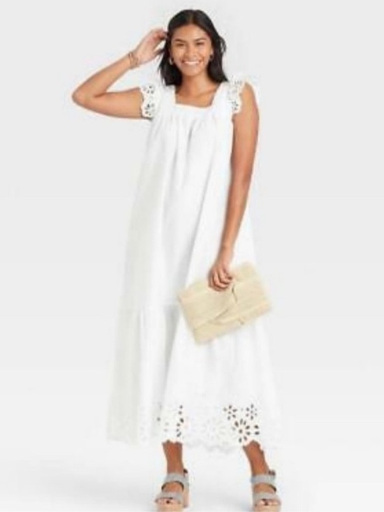 a new day Dresses & Skirts - A New Day White Cotton Eyelet Maxi Dress with Cap Sleeves Sz M